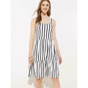 LOFT Black White Striped Tiered Sleeveless Midi Dress 14 Square Neck Sundress